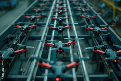 Array of drones on an industrial assembly line, highlighting the manufacturing of UAVs for defense purposes, including reconnaissance and military training. High quality photo