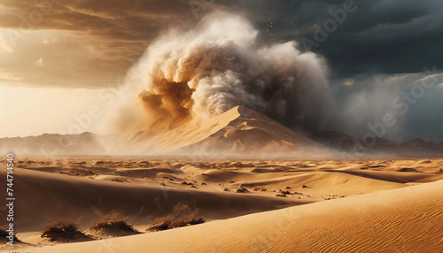 Digital art of a desert landscape engulfed in a dramatic sandstorm, symbolizing nature's raw power and the ephemeral beauty of desert landscapes photo