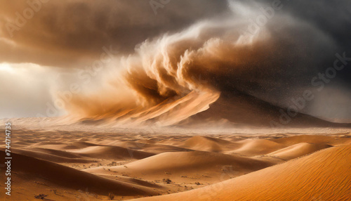 Digital art of a desert landscape engulfed in a dramatic sandstorm, symbolizing nature's raw power and the ephemeral beauty of desert landscapes
