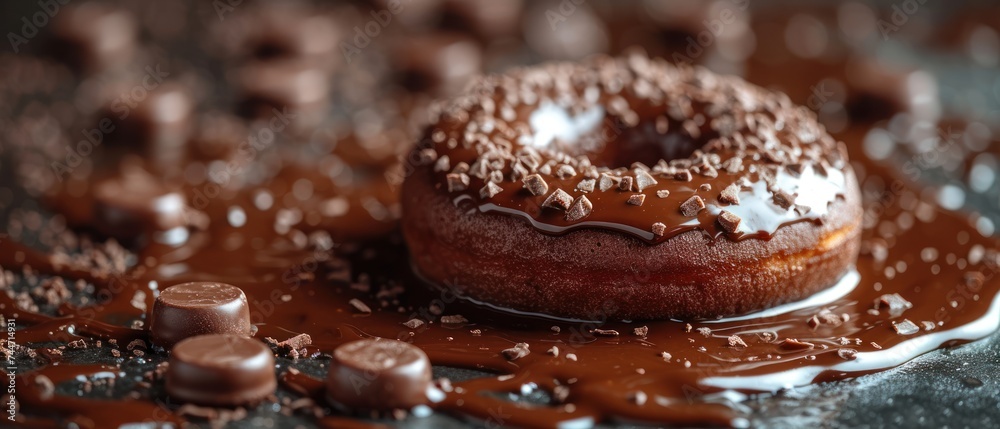  a chocolate donut with sprinkles on a plate with some chocolate chips on the side of the donut and the donut is drizzled with chocolate.