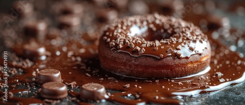  a chocolate donut with sprinkles on a plate with some chocolate chips on the side of the donut and the donut is drizzled with chocolate.