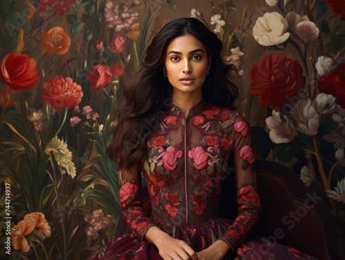 Indian Beauty in Burgundy Dress amidst Lush Botanical Gardens