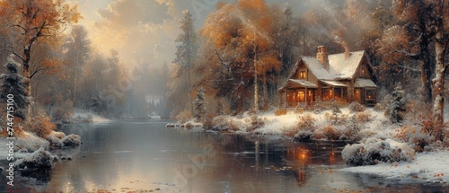 Snowy Scenery with a House, Winter Wonderland near a River, A Cozy Cabin in the Woods, Peaceful Winter Landscape with a Lake and Trees.
