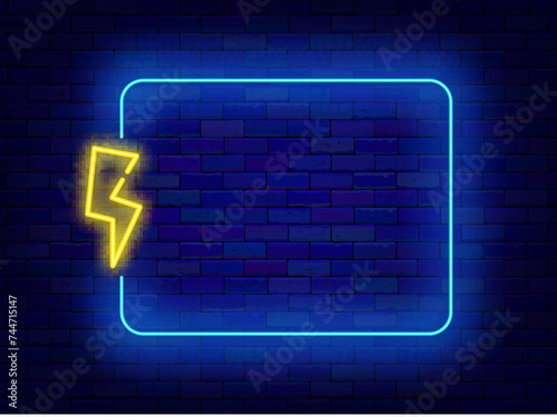 Attention neon poster. Energy and electricity. Lightning and empty turquoise frame. Greeting card. Vector illustration