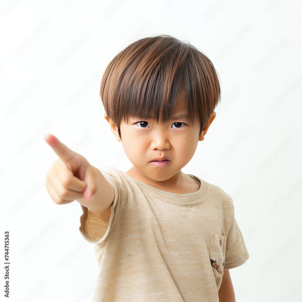 Adorable Taiwanese Kids Express Displeasure with Index Finger Gesture Cute Photo on White Background
