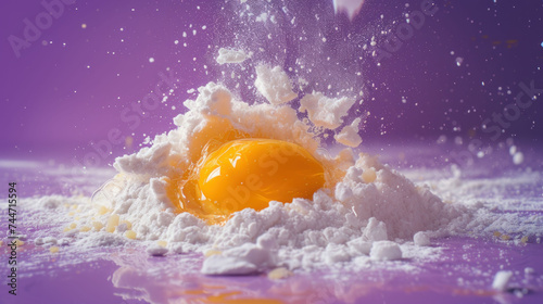 an egg is splashing out of a pile of white powder on a purple and purple background with a splash of water coming out of it. photo