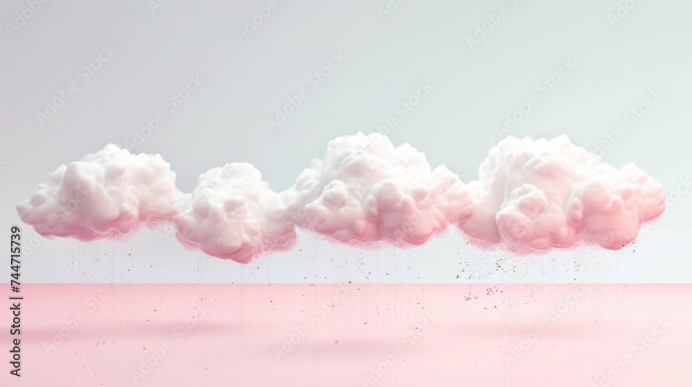 a group of clouds floating on top of a pink body of water with drops of water coming out of them. a group of clouds floating on top of a pink body of water with drops of water coming out of them.