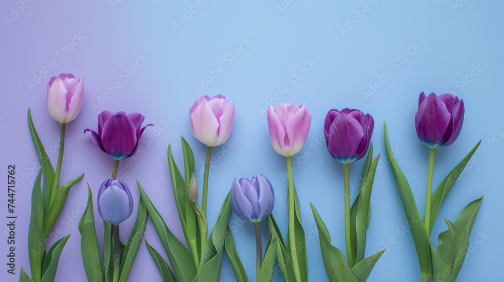 Naklejka premium a group of purple and white tulips on a blue and purple background with green stems in the foreground.