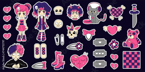 Y2k emo black pink stickers set. Girl, boy, kawaii bear, heart, tattoo and other elements in trendy emo goth 2000s style. Vector hand drawn. 90s, 00s aesthetic