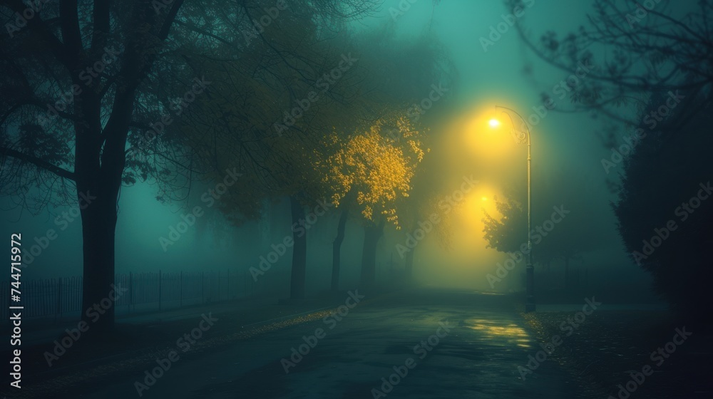 a foggy street at night with a street light in the foreground and trees on the other side of the street.