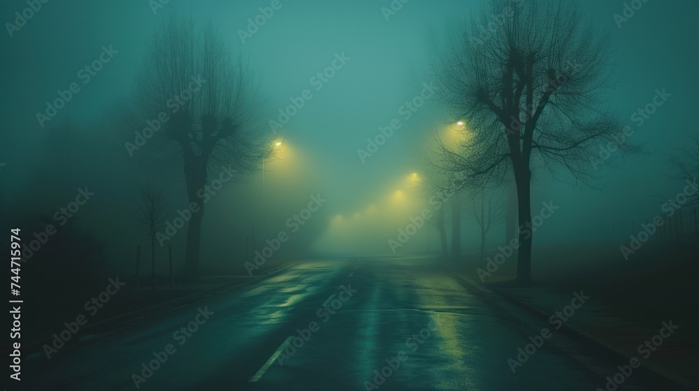 a foggy street at night with street lamps on the side of the road and trees on the other side of the street.