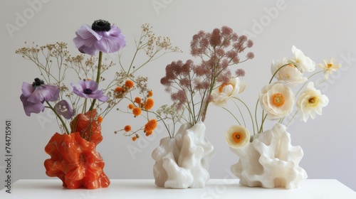 a group of three vases filled with flowers on top of a white table next to each other on top of a white surface. photo