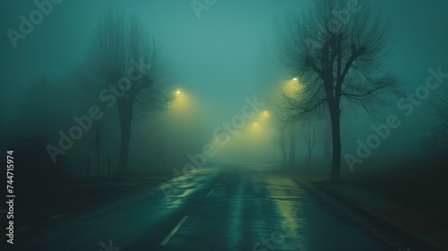 a foggy street at night with street lamps on the side of the road and trees on the other side of the street.