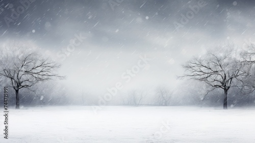 a snowy landscape with two trees in the foreground and a dark sky in the background, with snow falling on the ground.