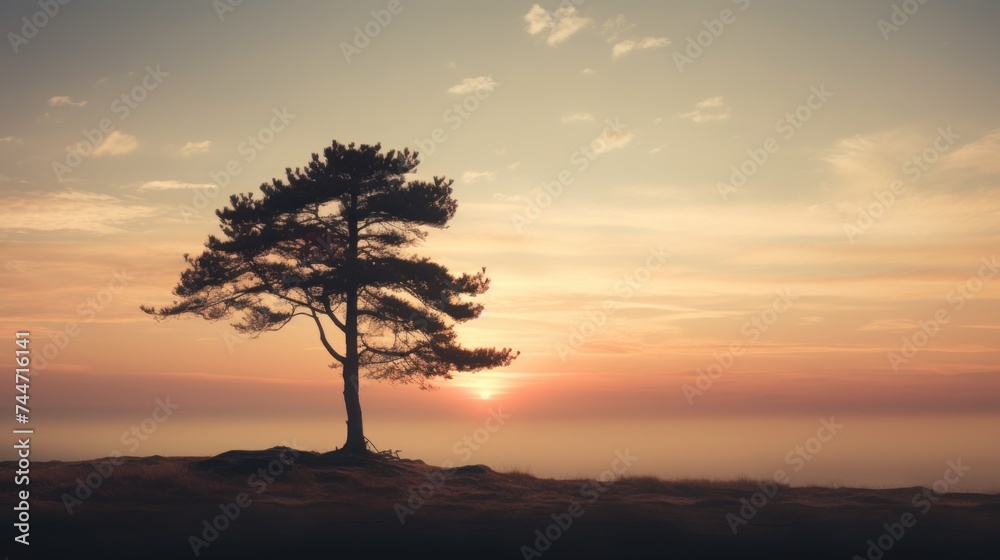 Fototapeta premium a lone tree on top of a hill with the sun setting in the distance in the distance in the foreground.