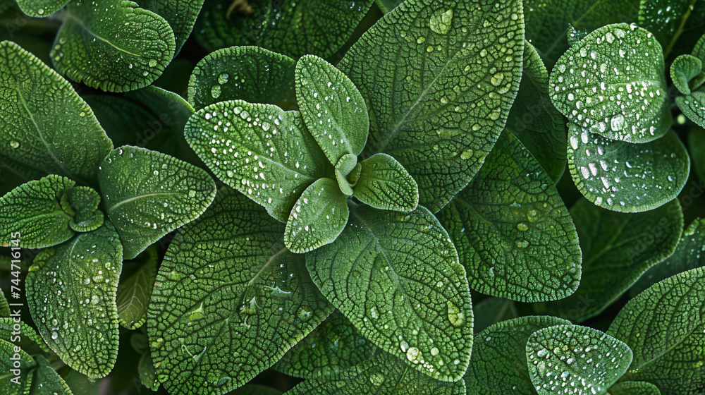 Fototapeta premium Sage leaves covered in delicate morning dew.