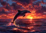 A dolphin leaping gracefully against a sunset backdrop, the ocean aglow with the reflection of the fiery sky, celebrating the joy and freedom of the marine world