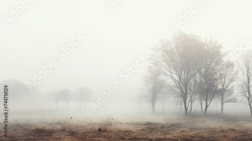 a foggy field with trees in the foreground and a field of dead grass in the foreground on a foggy day.