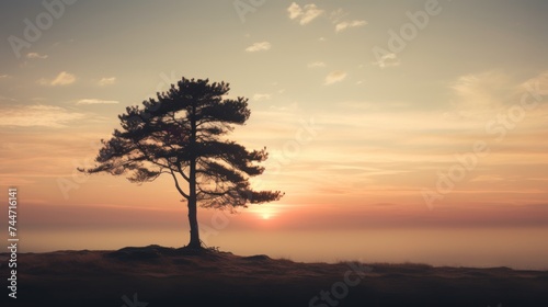 a lone tree on top of a hill with the sun setting in the distance in the distance in the foreground.