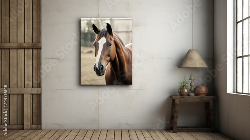 a picture of a horse hanging on a wall in a room with a wooden floor and a table with a lamp on it. photo