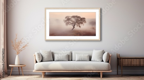 a living room with a couch, coffee table and a painting on the wall of a tree in the fog.