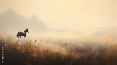 a painting of a horse standing in a field of tall grass with a foggy sky in the back ground.
