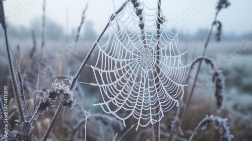 a close up of a spider web in a field of grass with dew on the spider web in the foreground.