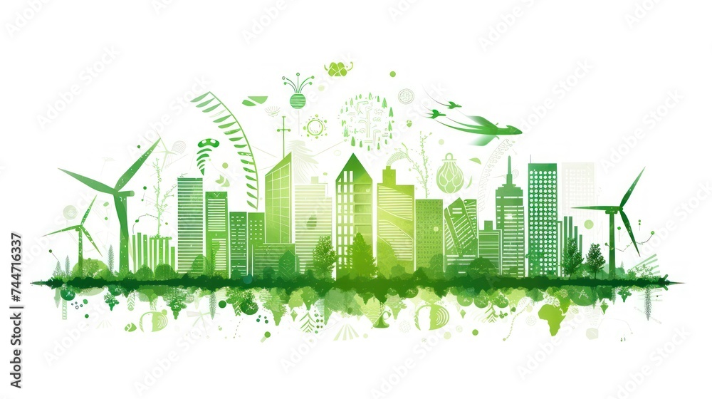 a green city skyline with wind turbines and birds flying over the top of the buildings and trees in the foreground.
