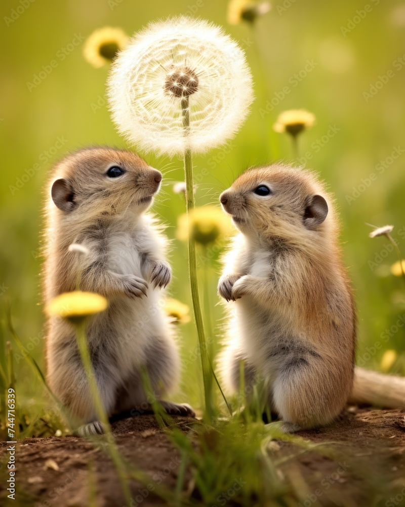 a couple of small animals standing next to each other on a field of dandelions with a dandelion in the background.