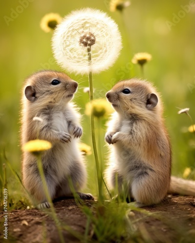 a couple of small animals standing next to each other on a field of dandelions with a dandelion in the background. © Anna