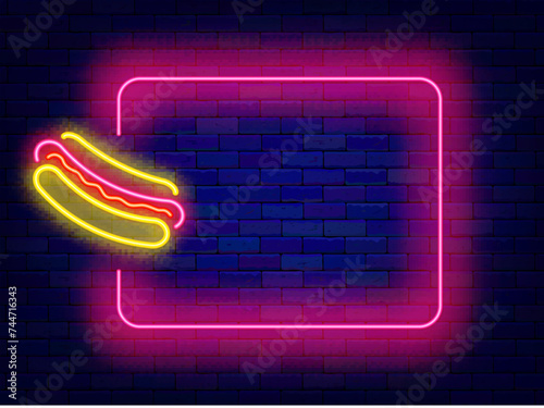 Fast food neon announcement. Street eating. Hot dog with sausage and empty pink frame. Vector stock illustration