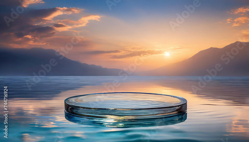 Glass podium on serene water under sunset sky  symbolizing clarity  elegance  and presentation on nature s canvas