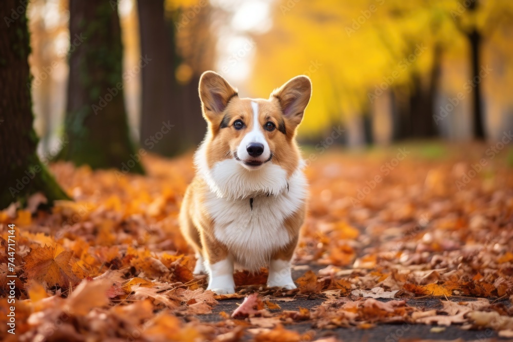 A dog standing in fallen leaves, suitable for pet and autumn themed designs A dog standing in fallen leaves, suitable for pet and autumn themed designs