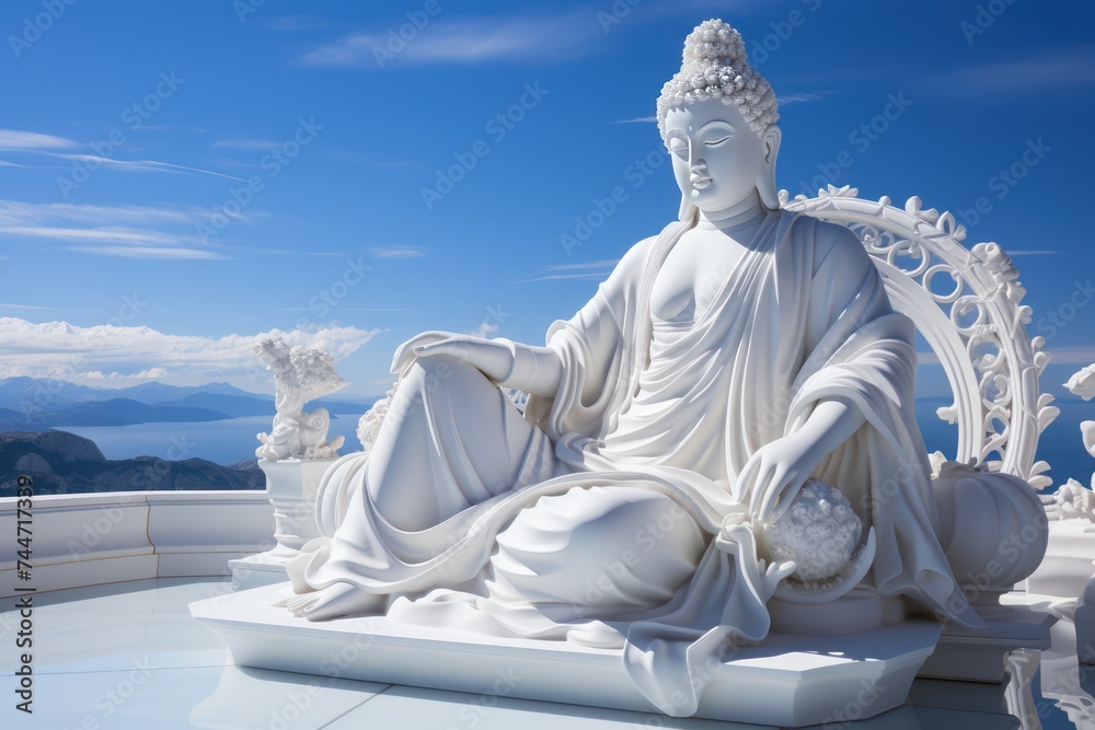 White Buddha in the Sky A Serene Sight over Greek Architecture and Blue Lake White Buddha in the Sky A Serene Sight over Greek Architecture and Blue Lake