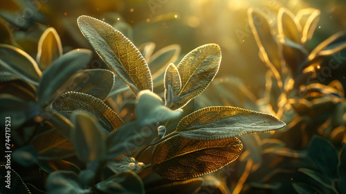 Sage leaves illuminated by soft sunlight.