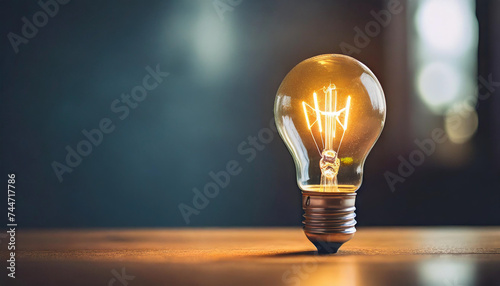 Bright light bulb glowing against clean background, with ample space for caption photo