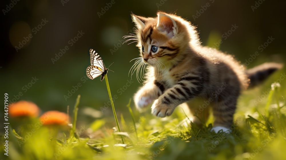 Fototapeta premium Cute Kitten Assassin Chases Butterfly Adorable Feline Fun