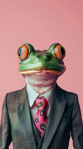 Elegant green frog with colorful tie in an office business suit on pink background. The concept is suitable for corporate or business themes