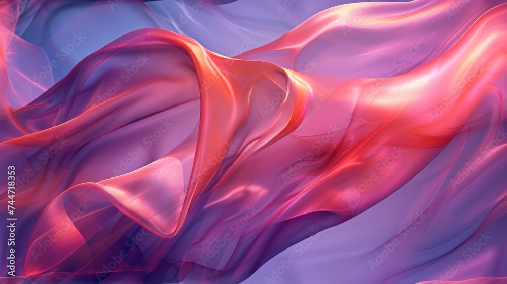 Obraz premium a close up of a red and pink fabric on a blue background with a blurry image of the fabric blowing in the wind.