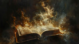 Old book with flames on a dark background. Digital art painting.