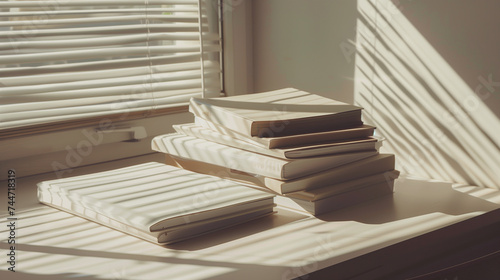 stack of books on the windowsill in the morning light, vintage