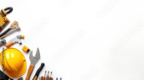 Construction Tools Top View of Hammers, Screwdrivers, Wrenches and More on White Background 8k Realistic Photo photo