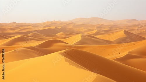 a view of a desert with sand dunes in the foreground and a hazy sky in the backgroud.