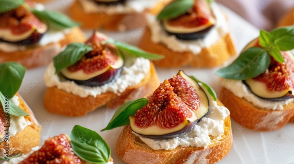 a white plate topped with mini crostini covered in cheese and figs and topped with green leafy leaves.