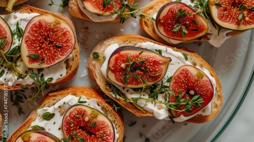a white plate topped with slices of bread covered in cream cheese and sliced figs and topped with fresh herbs.