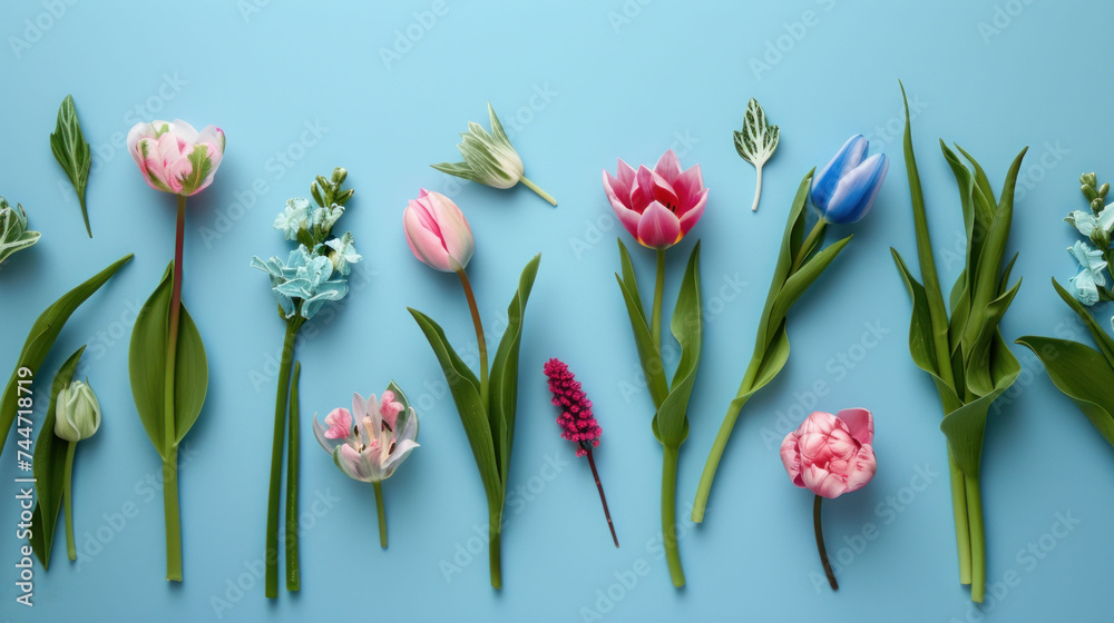 a group of different colored tulips on a blue background with green stems and pink and white tulips. - obrazy, fototapety, plakaty 