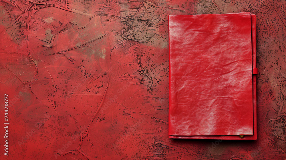 Red leather notebook on a textured background with space for text.