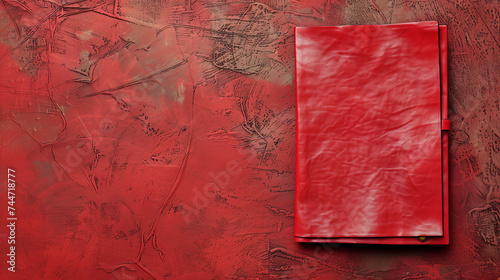 Red leather notebook on a textured background with space for text. © Archi
