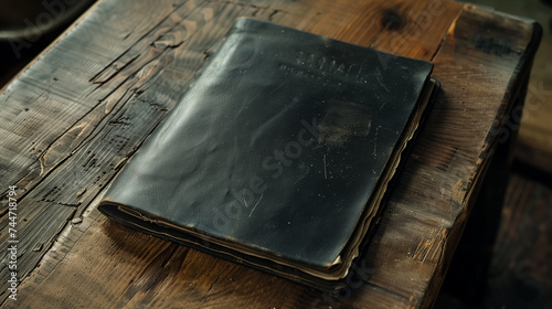 Old book on a wooden table. Dark background. Vintage style.