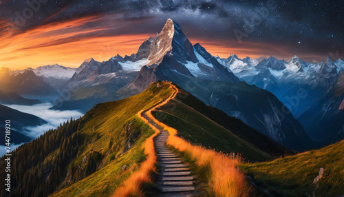 orange path amidst darkness, leading to mountain top at midnight photo